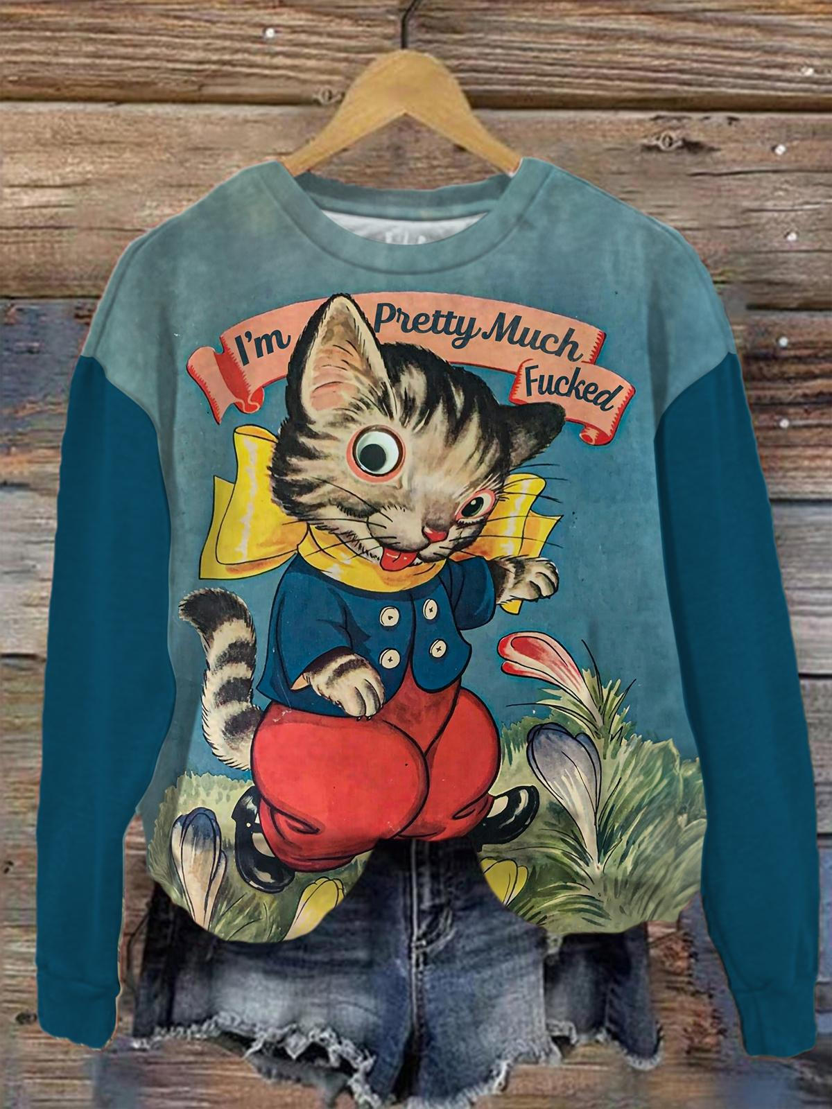 Cute Retro Cat Printed Long Sleeve Casual Top