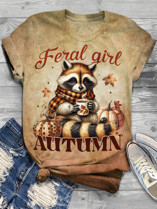 Feial Girl Autumn Pumpkin Retro Print Short Sleeve T-shirt