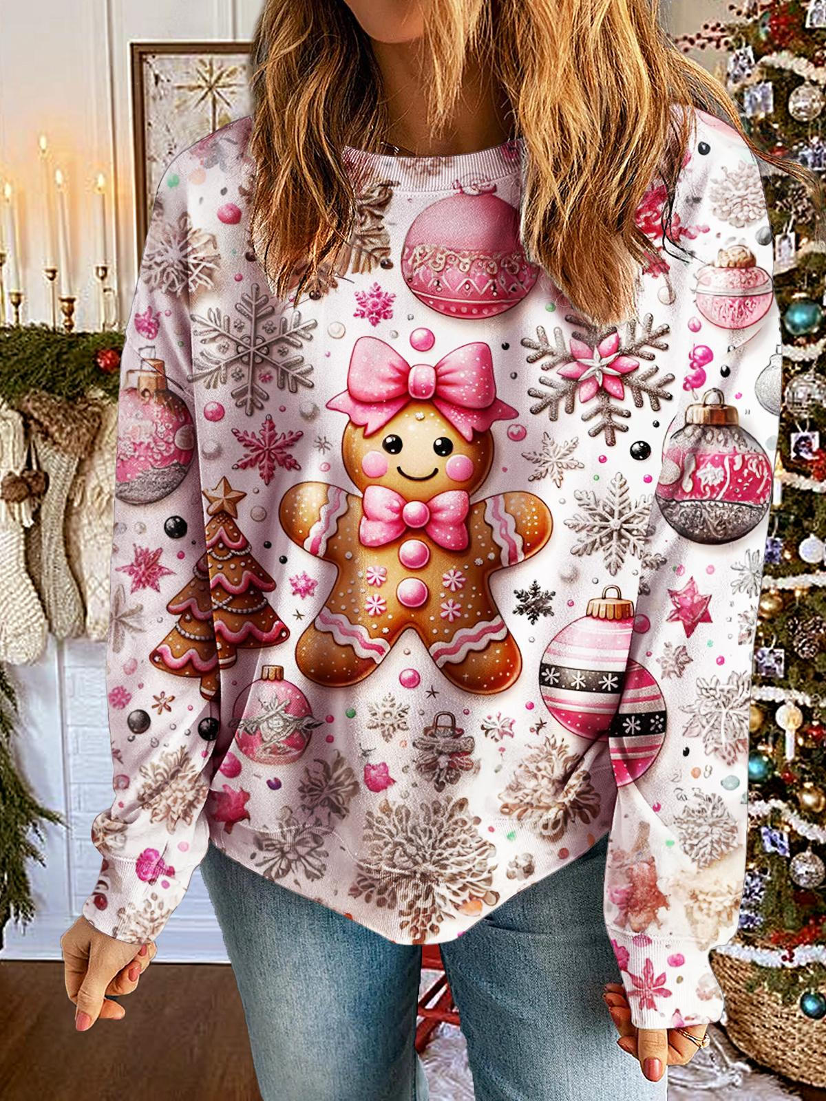 Women's Christmas Pink Gingerbread Printed Long Sleeve Casual Top