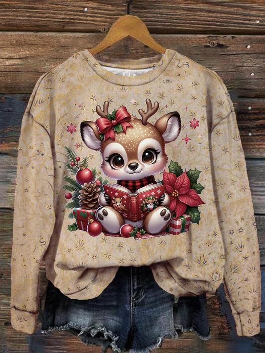 Women's Sika Deer Christmas Retro Print Long Sleeve Top