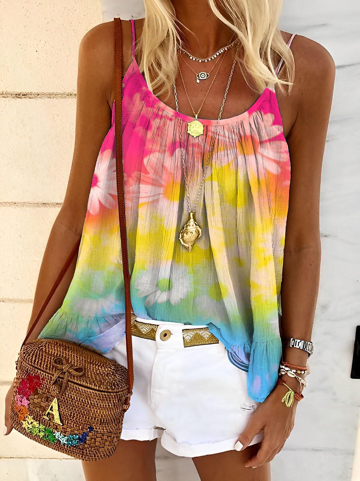 Gradient Daisy Simple Floral Print Tank Top