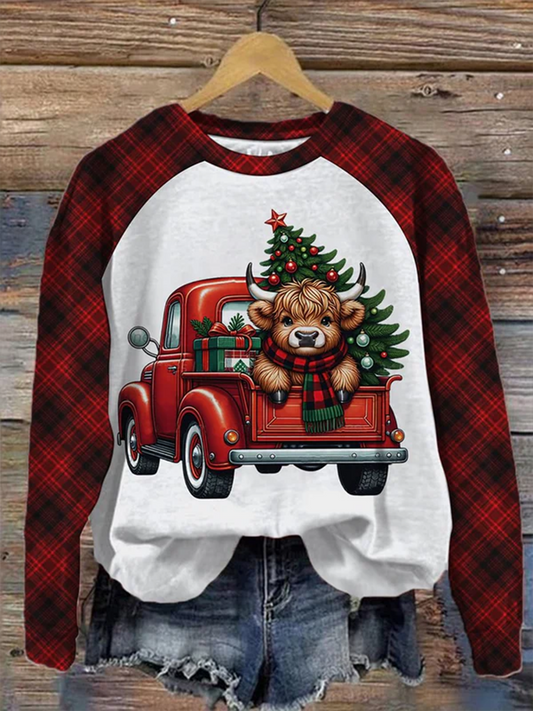 Women's Christmas Cute Calf Plaid Print Round Neck Long Sleeve Top