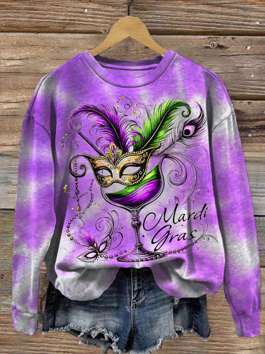 Mardi Gras Cocktail Retro Mask Print Long Sleeve Casual Top