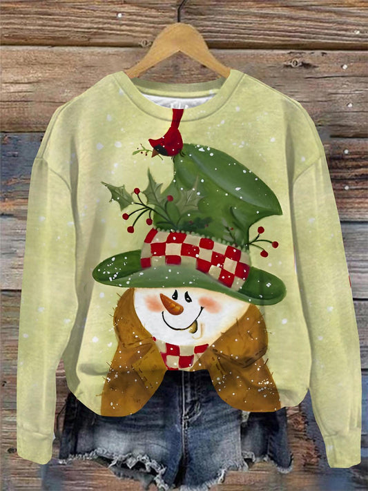 Snowman Print Round Neck Long Sleeve Top