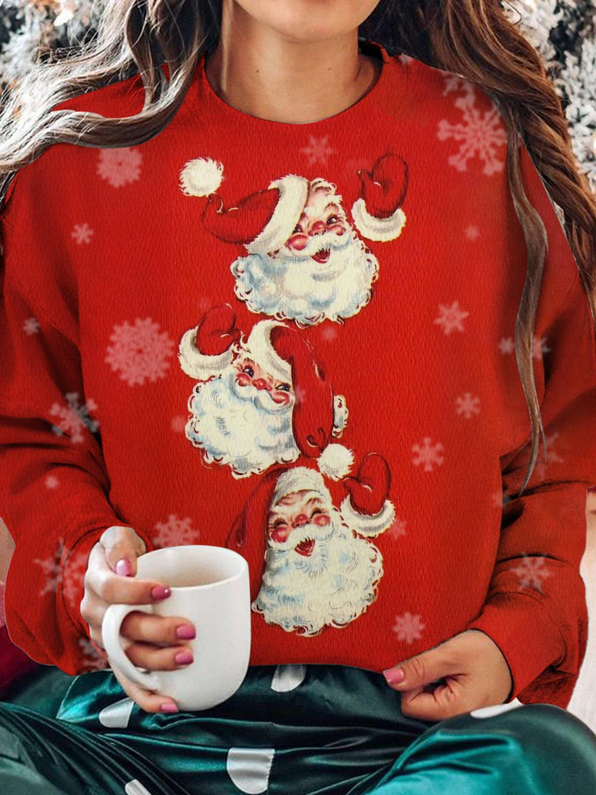 Vintage Santa Christmas Printed Long Sleeve Casual Top