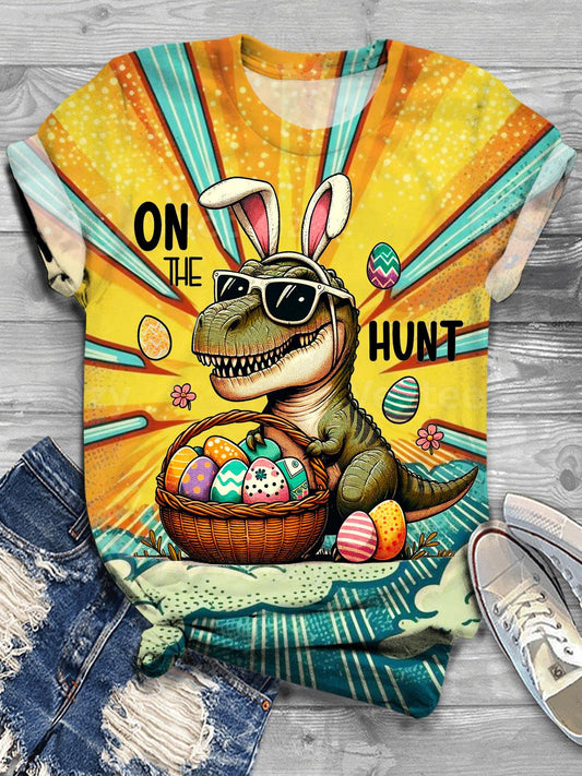 Vintage Easter Day Dinosaur Rabbit Funny Print T-Shirt