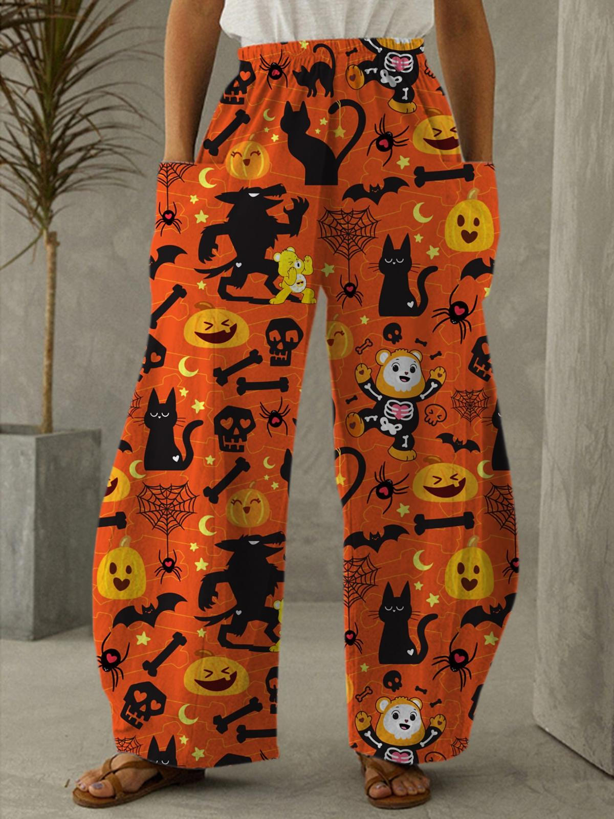 Halloween Skull Cartoon Print Loose Elastic Waist Trousers