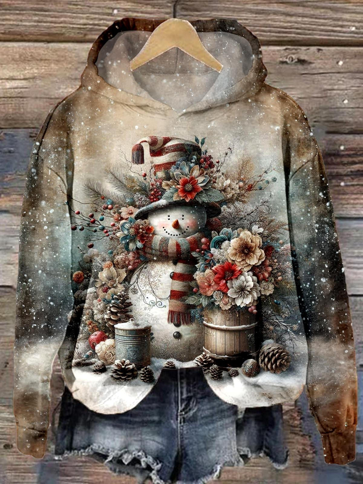 Snowman Wearing A Scarf Long Sleeve Printed Hoodie