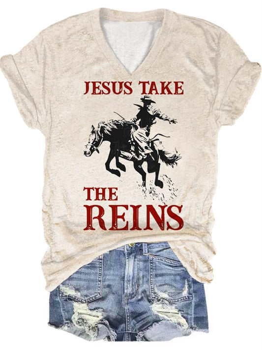 Jesus Take The Reins Western Print T-Shirt