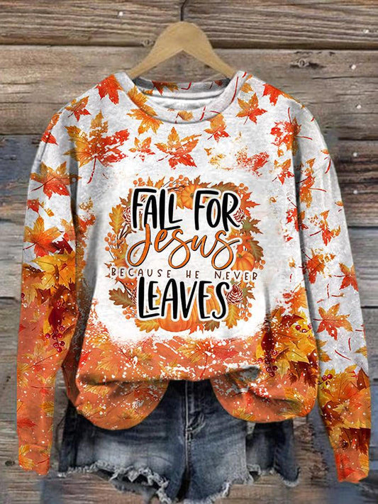 Fall For Jesus He Never Leaves Print Long Sleeve Top