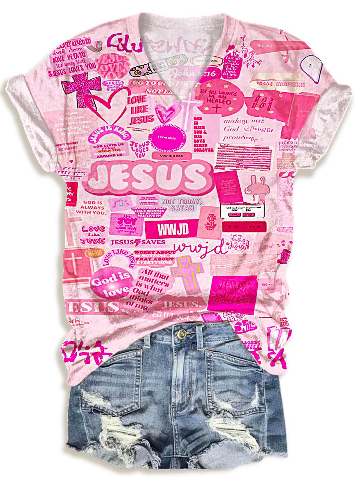 Women's Pink Vintage Jesus Christ Print V-Neck T-Shirt