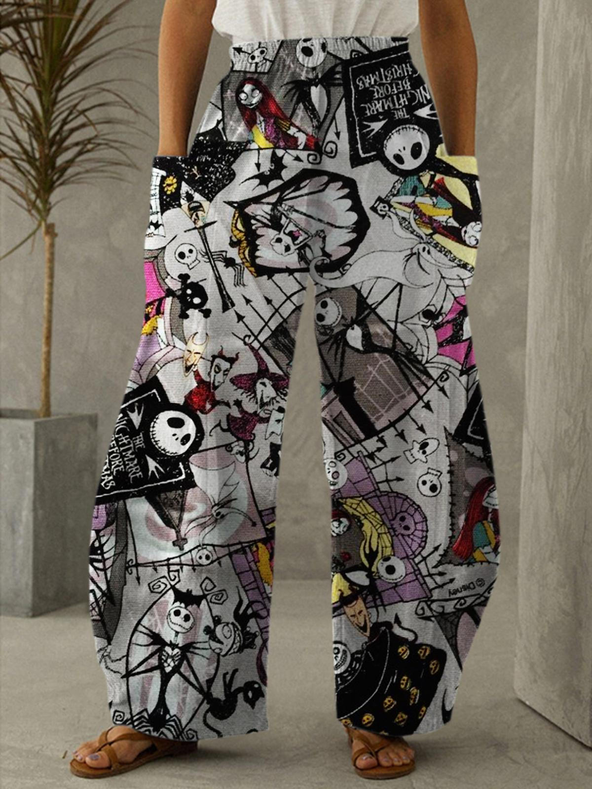 Halloween Ghost Distressed Print Elastic Waist Loose Trousers