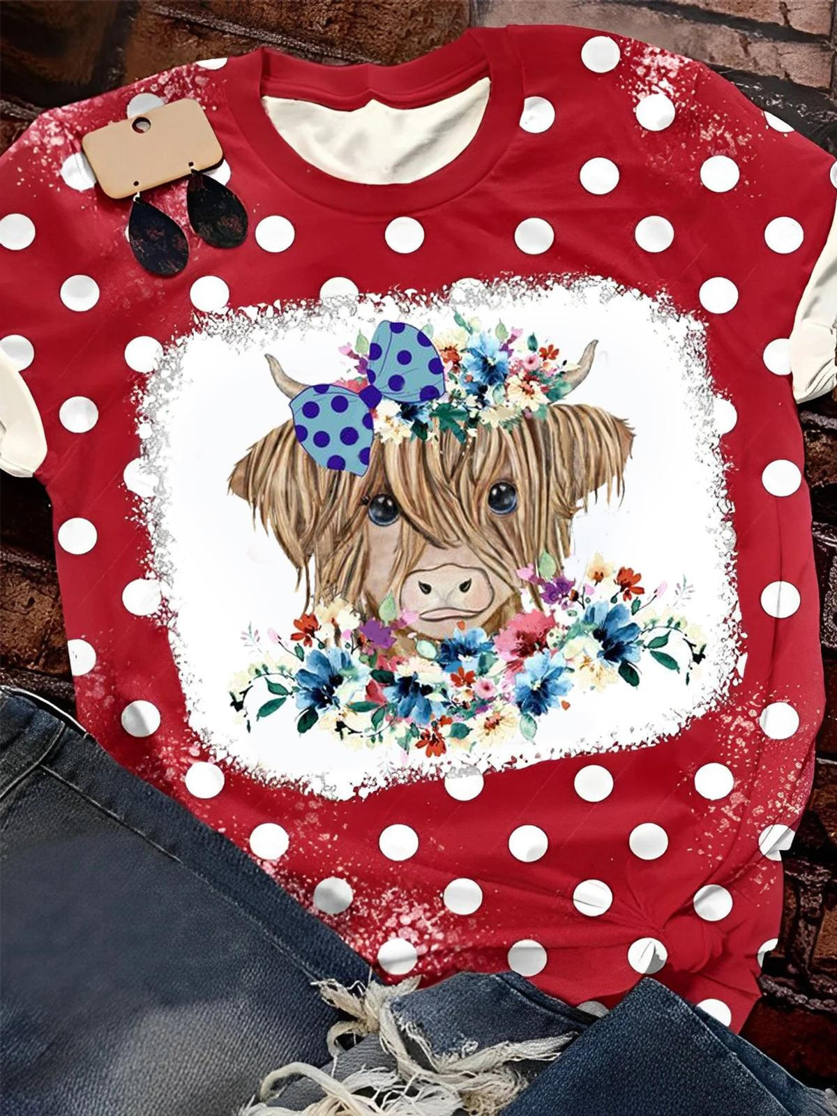 Cow Flower Polka Dot Crew Neck T-shirt