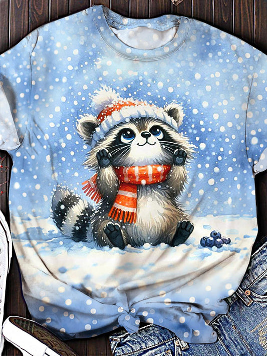 Women's Winter Cute Raccoon Print Crew Neck T-shirt