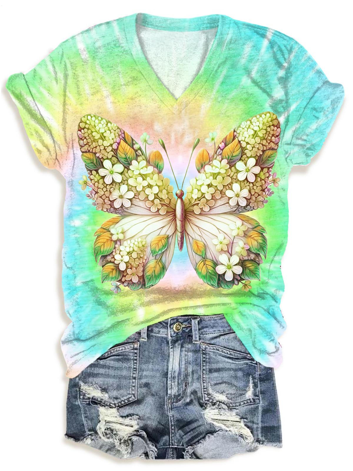 Spring Colorful Tie Dye Butterflies V-neck T-Shirt