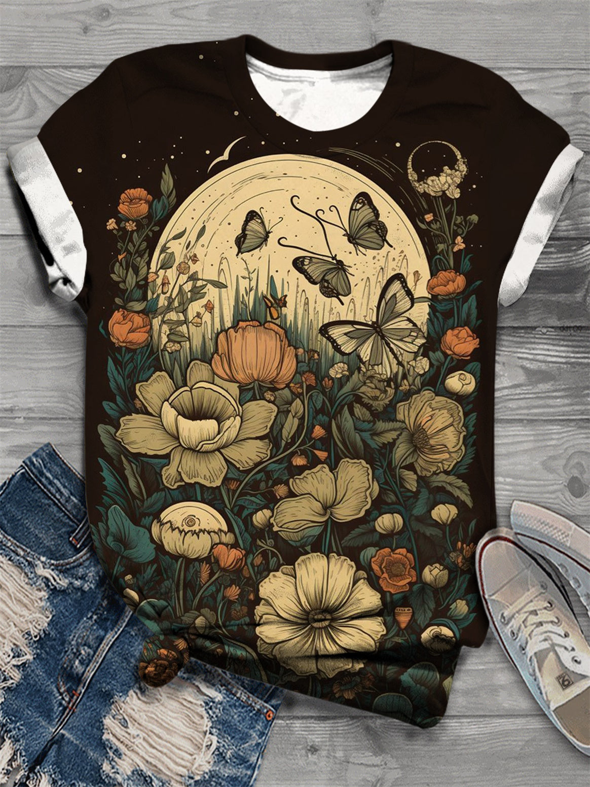 Full Moon Flower Butterfly Crew Neck T-Shirt