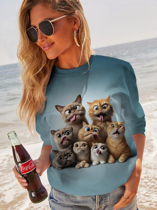 Funny Cat Printed Long Sleeve Sweatshirt