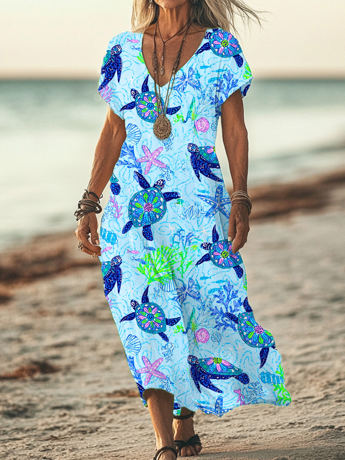 Sea Turtle Beach Vacations V-neck Short Sleeved Long Dress