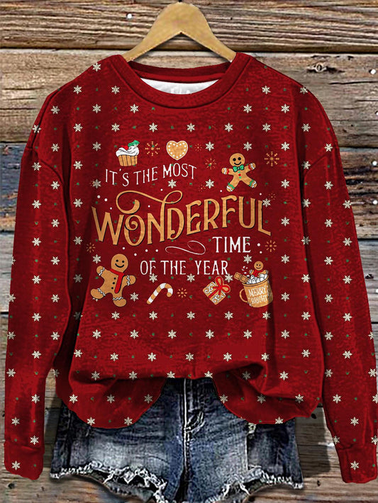 Women's Merry Christmas Snowflake Gingerbread Man Printed Long Sleeve Casual Top