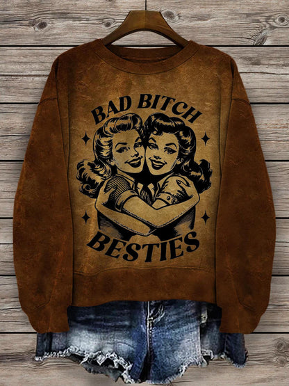 Bad Bitch Besties Girls Vintage Print Casual Long Sleeve Top