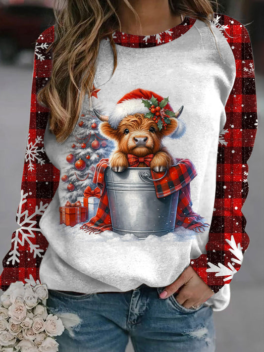 Cute Christmas Highland Cows Long Sleeve Casual Top