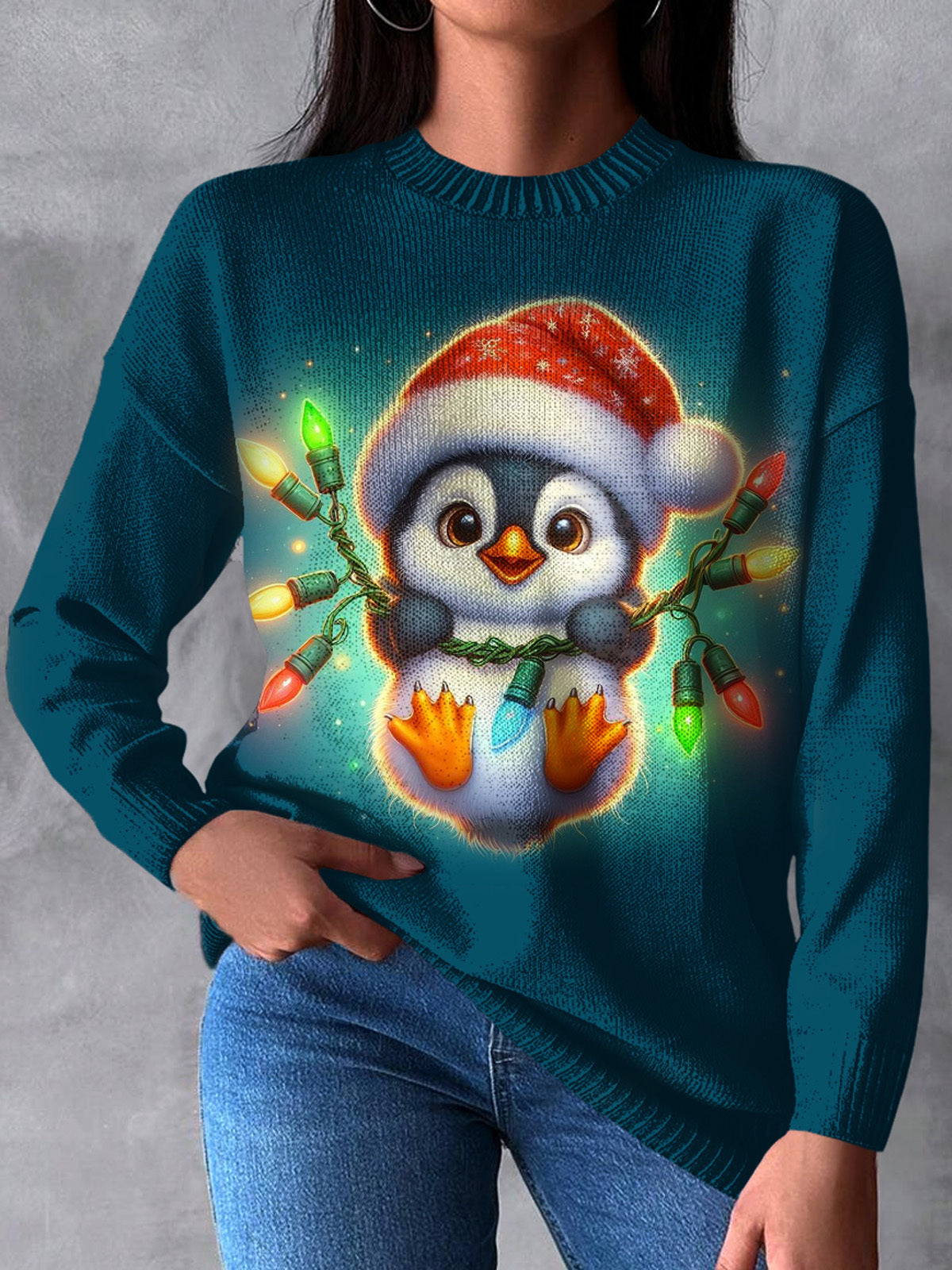 Women's Cute Penguin Christmas Crew Neck Long Sleeve Sweater