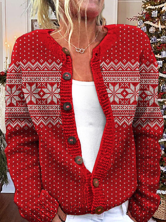 Women's Christmas Snowflake Reindeer Round Neck Long Sleeve Cardigan