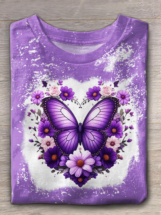 Women's Retro Flower Butterfly Print Crew Neck T-shirt