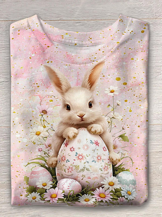 Cute Vintage Floral Easter Bunny Crew Neck T-shirt