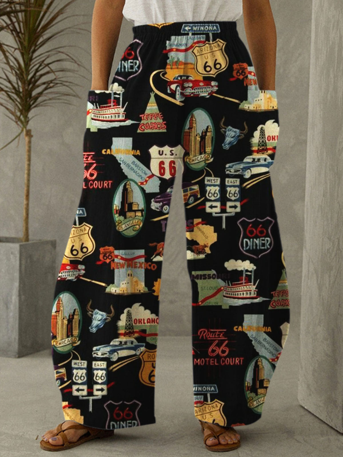 Retro Road 66 Print Casual Pants