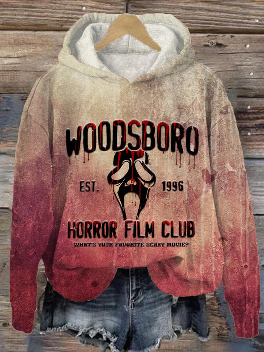 Vintage Halloween Woodsboro Horror Film Club Long Sleeve Printed Hoodie