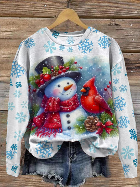 Christmas Snowman And Bird Printed Long Sleeve Casual Top