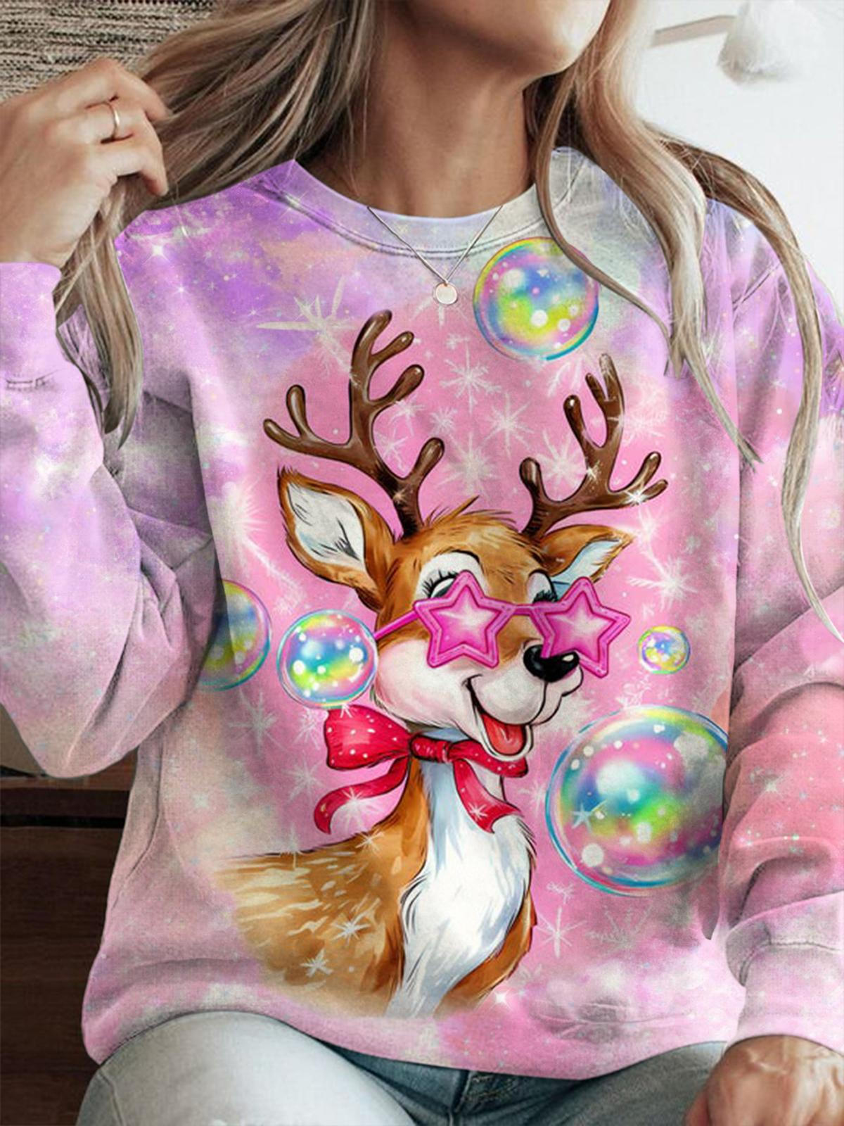 Women's Christmas Elk Bubble Tie Dye Print Casual Long Sleeve Top