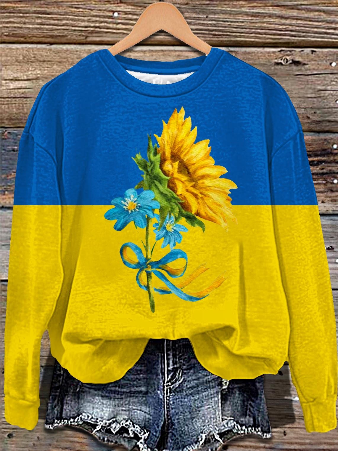 Blue And Yellow Sunflower Bow Printed Long Sleeve Casual Top