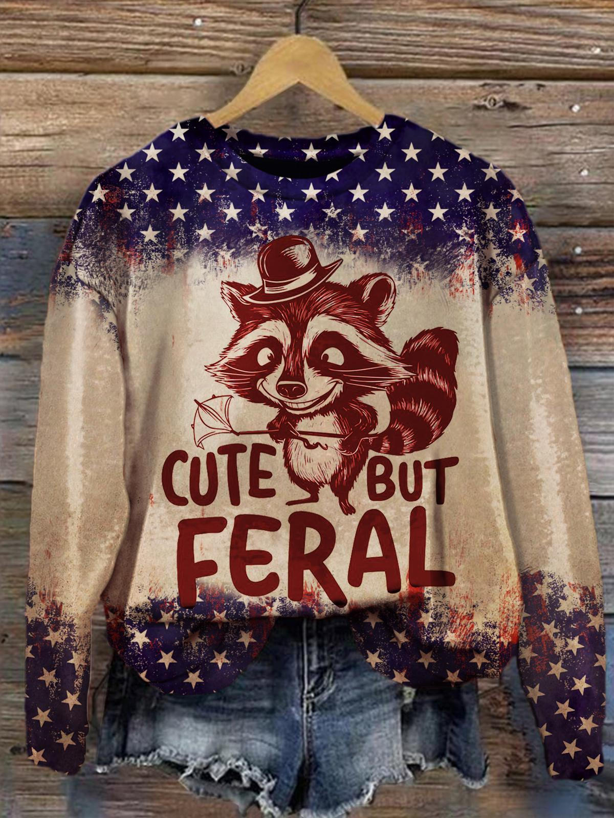 Women's Cute But Feral Raccoon Retro Print Long Sleeve Top