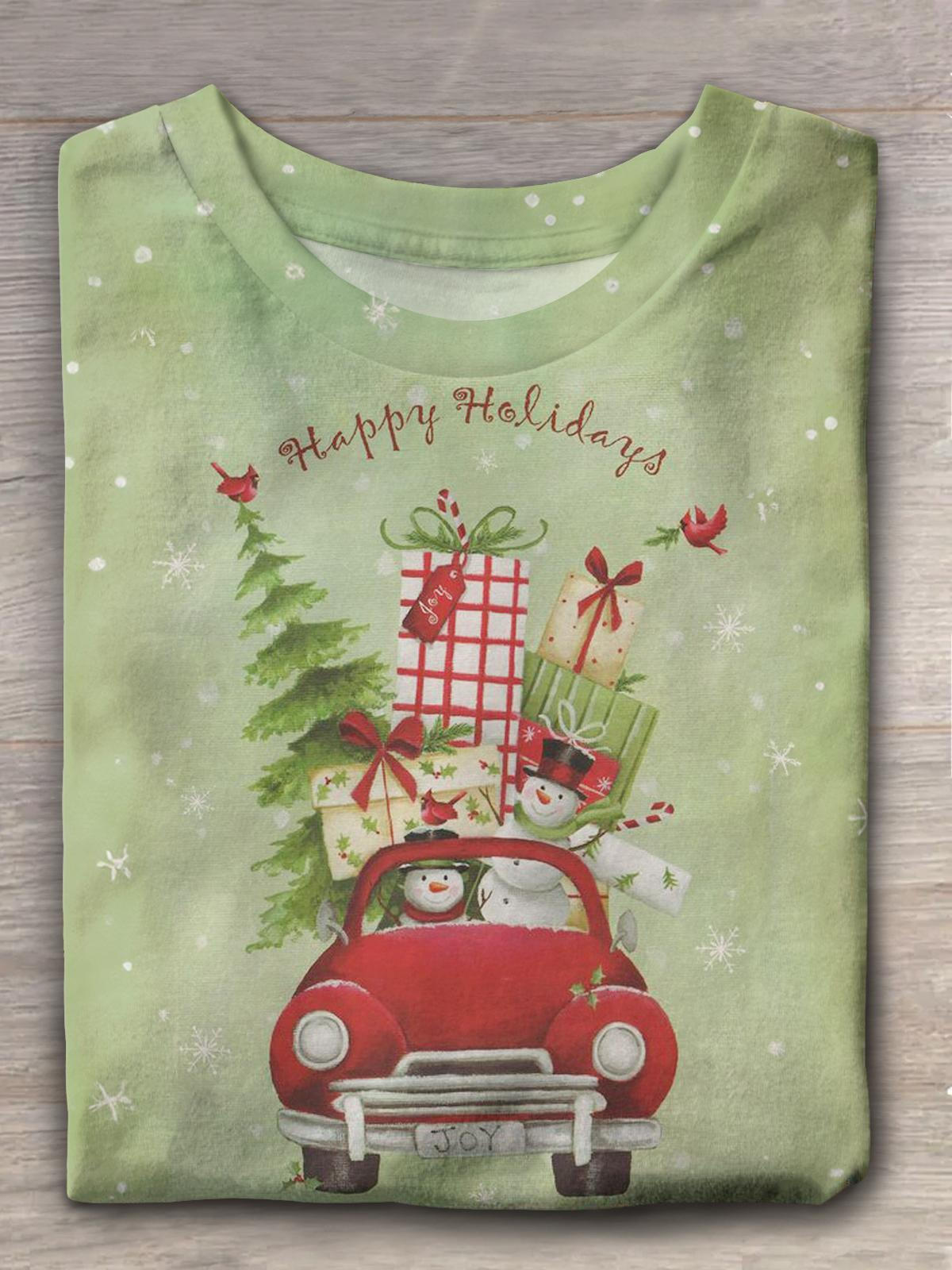 Old Red Truck Snowmen Present Crew Neck T-shirt