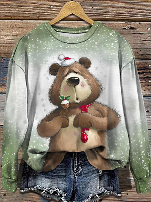 Women's Christmas Bear Print Round Neck Long Sleeve Top