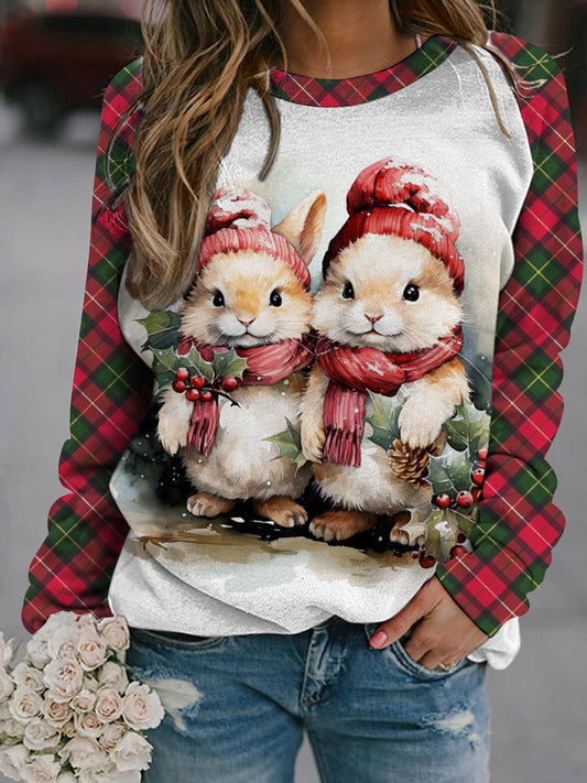 Women's Christmas Bunny Print Casual Long Sleeve Top