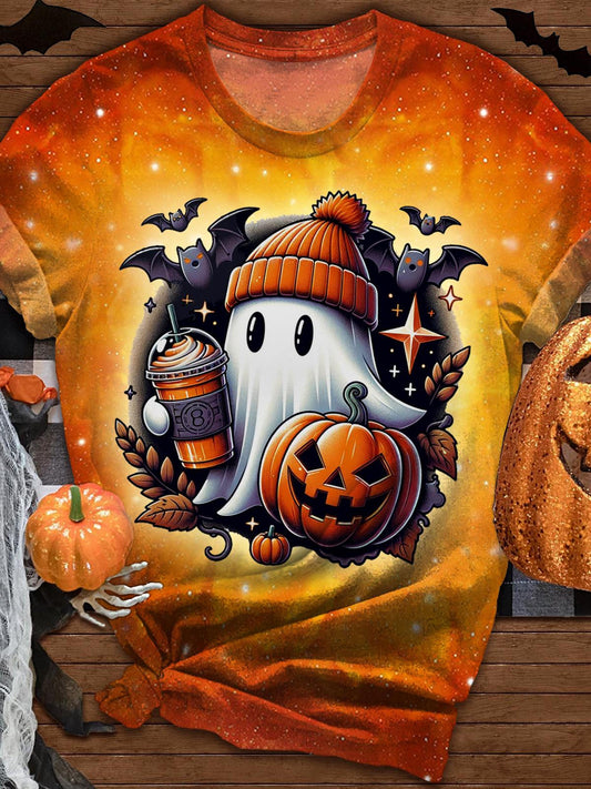 Women's Halloween Mug Pumpkin Cute Ghost Crew Neck T-shirt