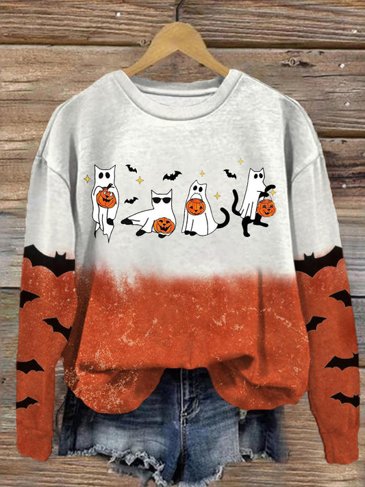 Funny Cat Ghost Pumpkin Long Sleeve Top