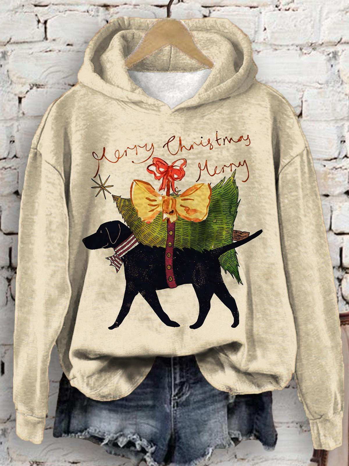 Cute Puppy Christmas Tree Bow Print Long Sleeve Top