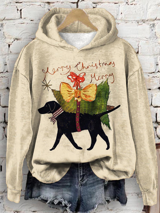 Cute Puppy Christmas Tree Bow Print Long Sleeve Top