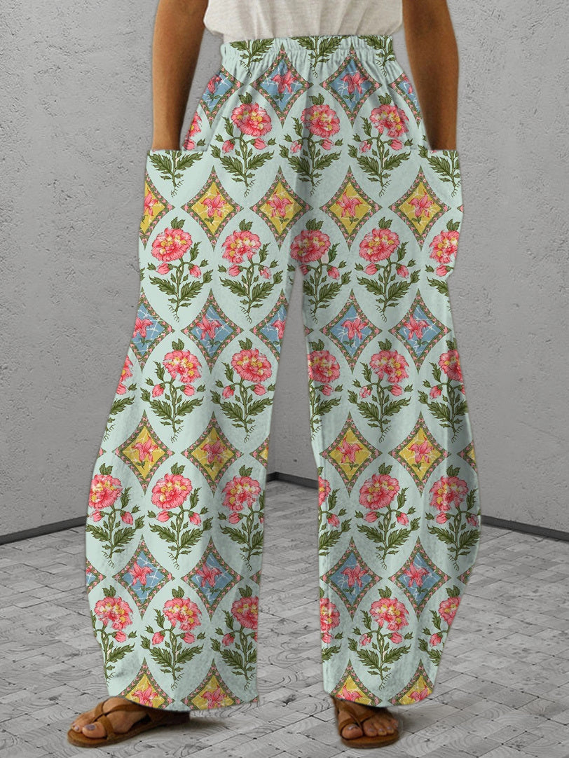 Retro Floral Geometry Print Casual Pants