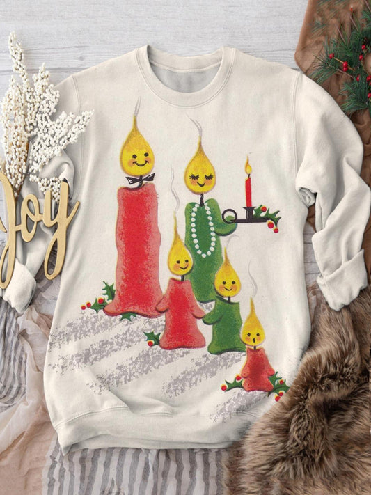 Christmas Candle Print Long Sleeve Casual Top