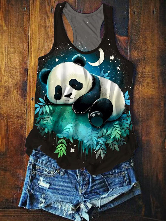 Women's Summer Cute Panda Star Sleeveless Round Neck T-Shirt