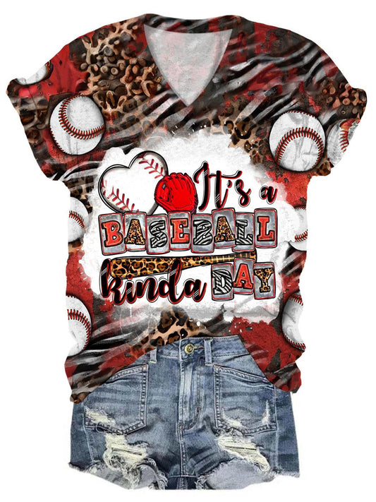 It's Baseball Kinda Day Leopard Tie Dye V-Neck T-Shirt