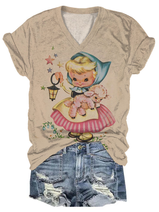 Vintage Little Girl And Her Lamb V-Neck Short Sleeve Tee