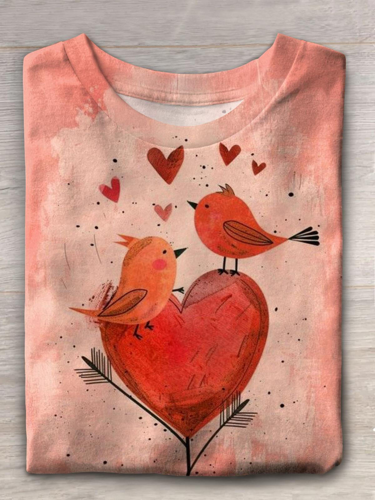 Women's Valentine's Day Bird Love Hand Paint Print Casual T-shirt