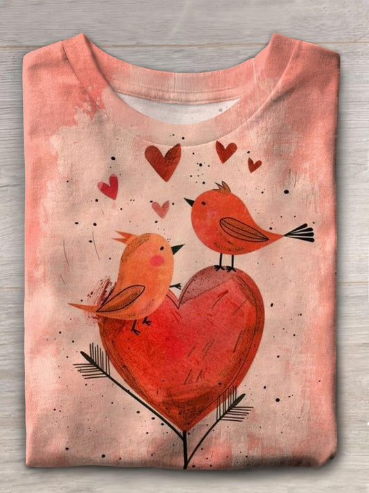 Women's Valentine's Day Bird Love Hand Paint Print Casual T-shirt