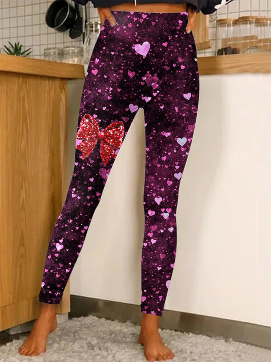 Heart Faux Sequin Butterfly Festival Print Tight Stretch Pants